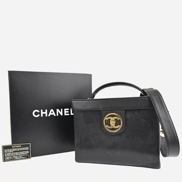 CHANEL CC Logo 2Way Vanity Shoulder Hand Bag Caviar Skin Leather BK GHW - Picture 1 of 14
